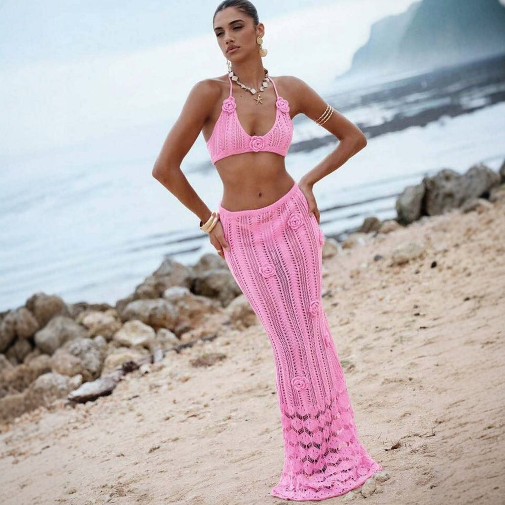 Sexy, schwebendes Blumen-Cropped-Outfit, Bikini-Träger, Neckholder, gestricktes Badekleid