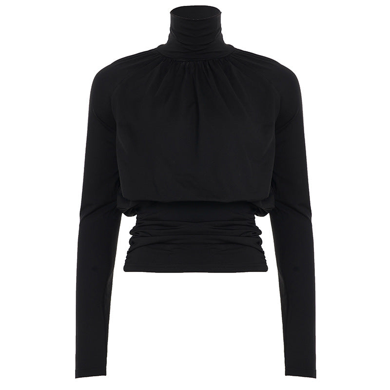 Dunkles, sexy schwarzes Langarm-Oberteil mit hohem Kragen, lässig, kurz, taillenbetont, schlankmachendes Langarm-T-Shirt für Damen, Herbst