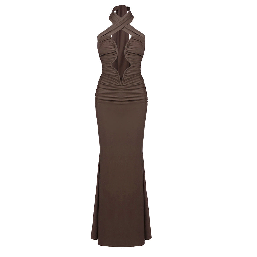 Robe Hiver Automne Slim Amincissante Poitrine Enveloppée Hanche Sexy Couleur Café Robe Croisée Licou