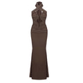 Robe Hiver Automne Slim Amincissante Poitrine Enveloppée Hanche Sexy Couleur Café Robe Croisée Licou