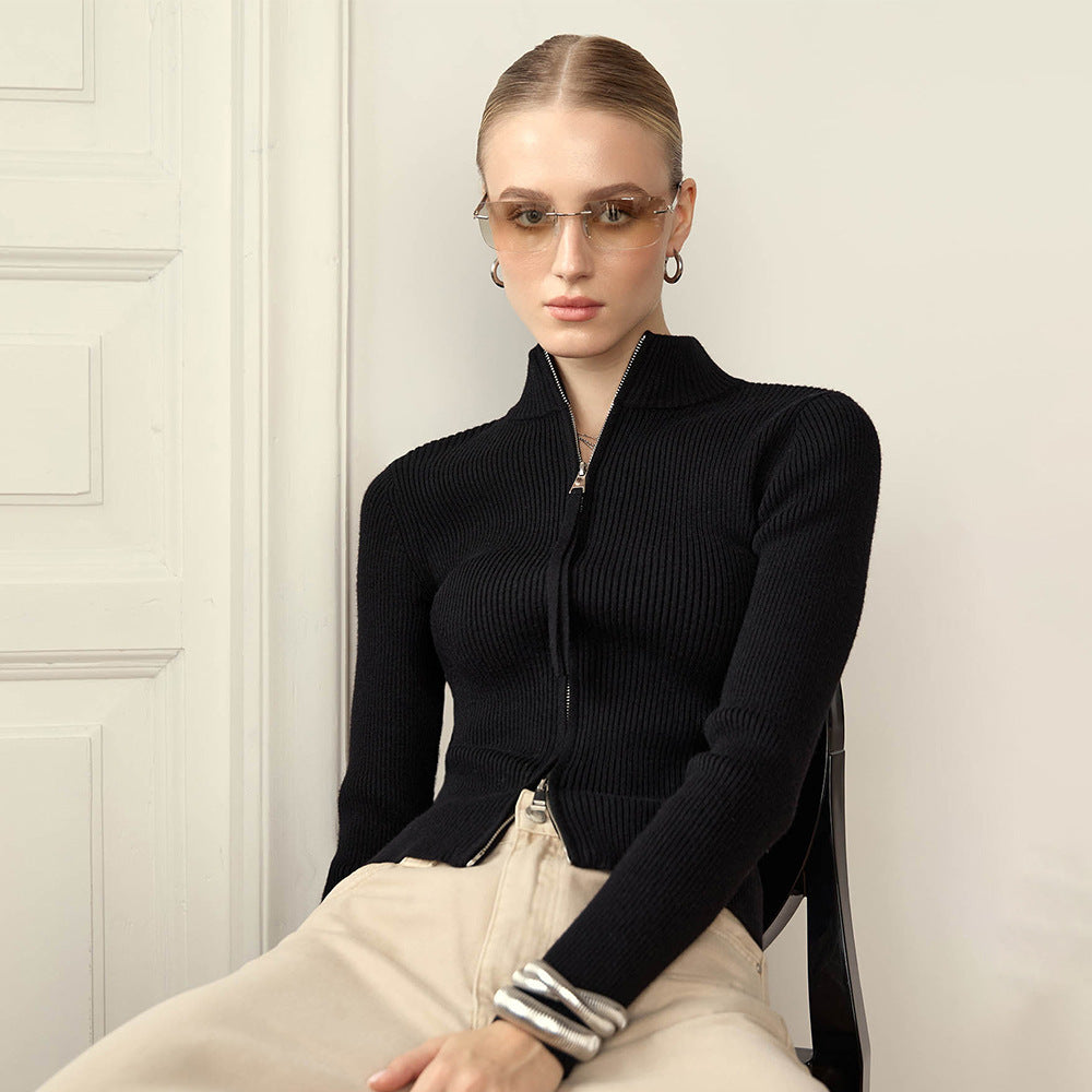 Manteau pour femmes à col montant, coupe ajustée, manches longues, automne-hiver, fermeture éclair double, cardigan en tricot thermique