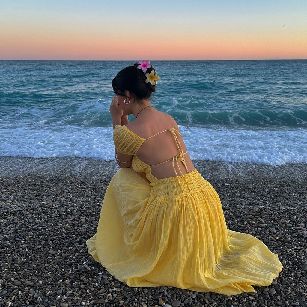 Robe d'été sexy à manches courtes bouffantes et col carré pour femme - Robe longue d'été dos nu pour femme - Tenue de plage.