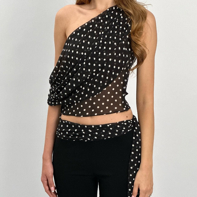 Damenbekleidung Sommer Sexy Carmen-Ausschnitt Tupfen Chiffon Durchsichtig Unregelmäßiges Asymmetrisches Top Damen