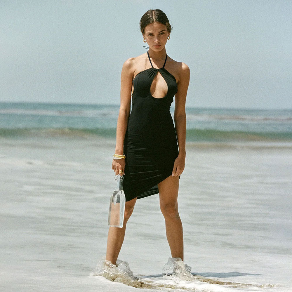 Robe Licou Sexy Évidée Femme Été Plage Mer Dos Nu Fendue Ajustée Coupe Slim Niche Sexy