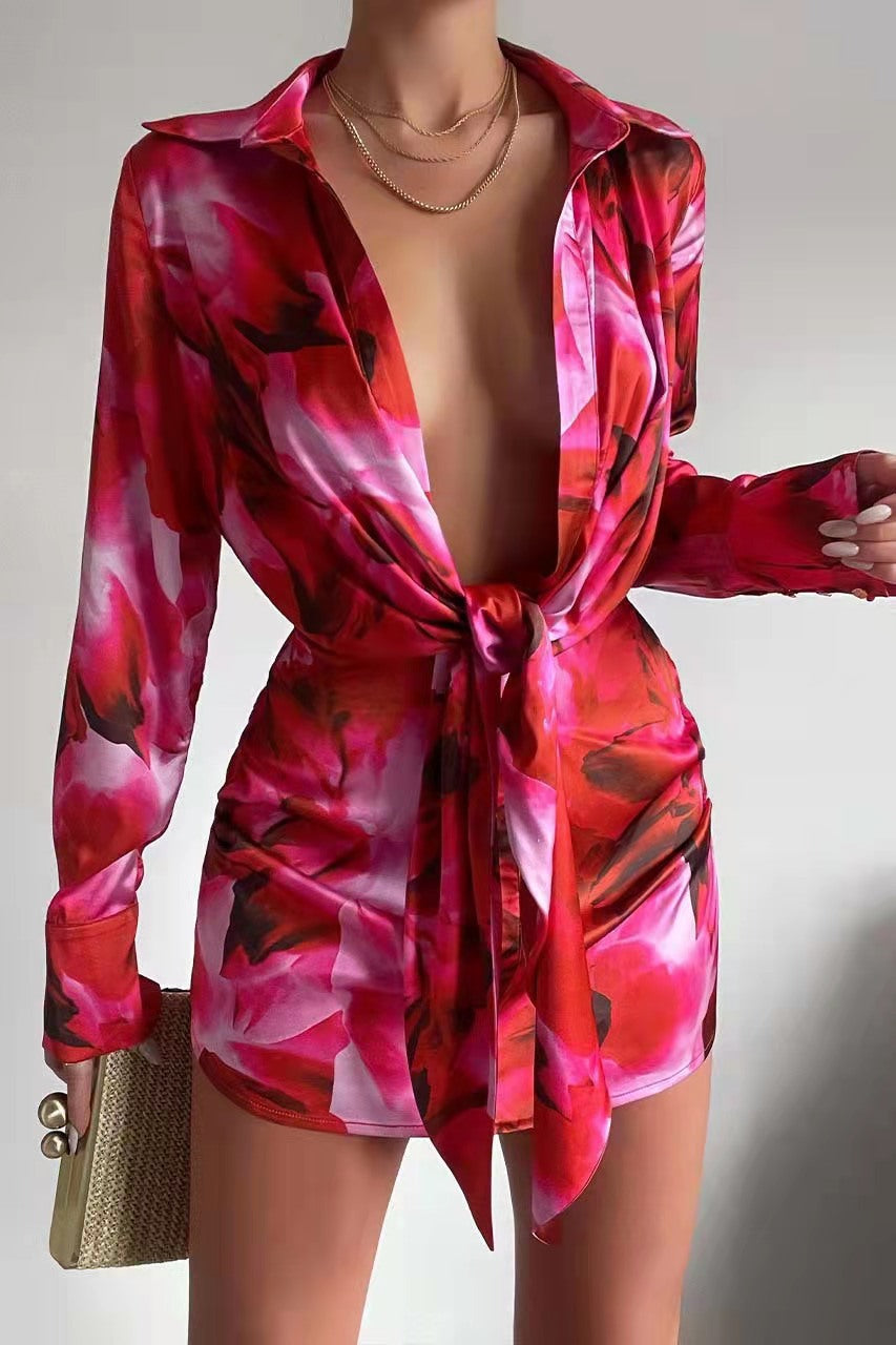 Robe Chemise à Manches Longues Boutonnée Série Imprimée Numérique pour Femmes Sexy