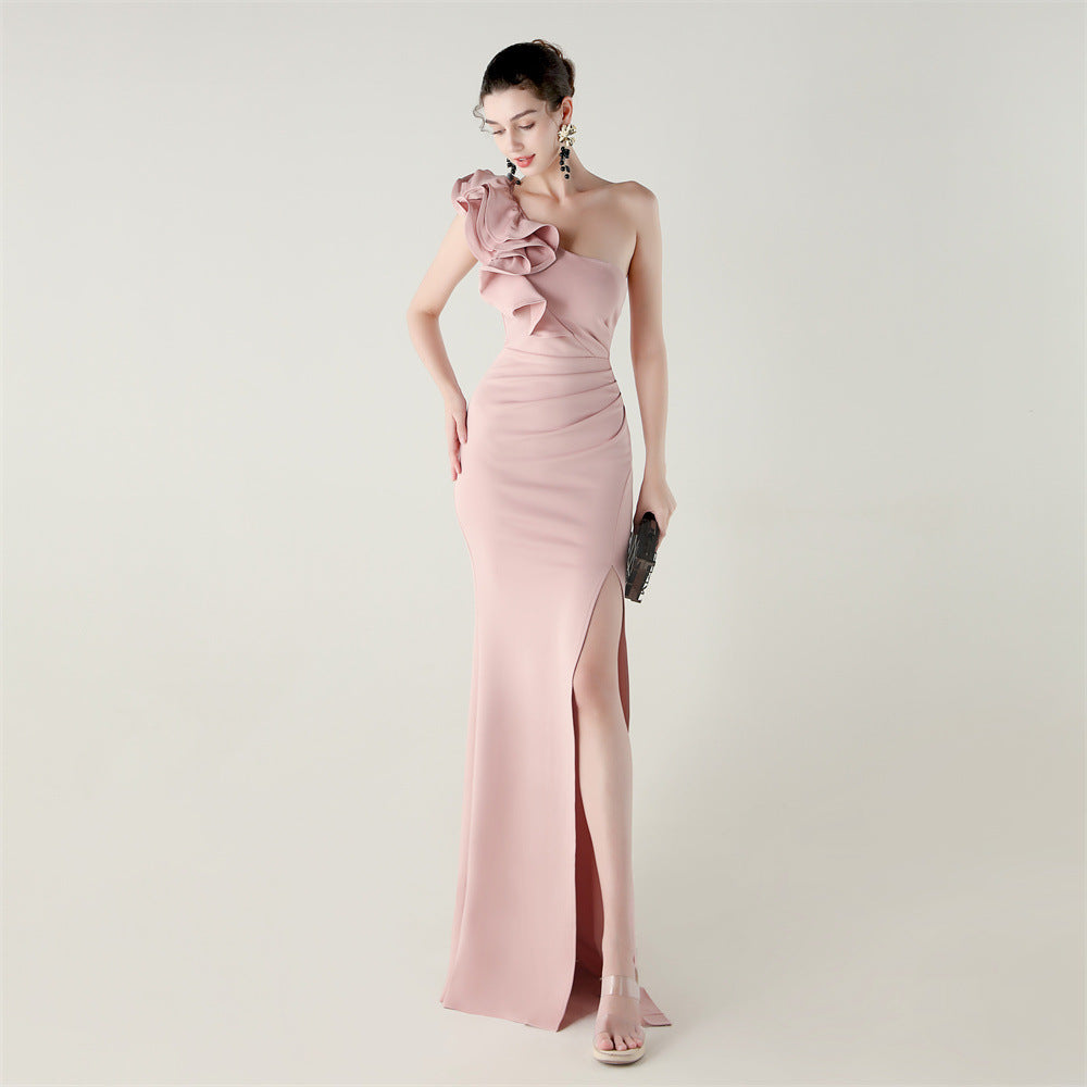Ein-Schulter-Kleid mit Blumenmuster, Satinstoff, hohem Schlitz, sexy Abendkleid, Dinnerparty, Hochzeit, Gesellschaft