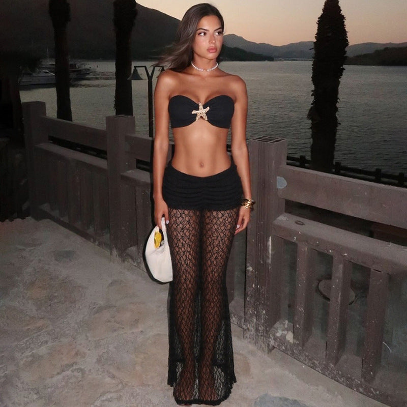 Sommer Damenbekleidung Einfarbig Sexy Schnür-Tube-Top Spitzen-Maxirock Zweiteiler Set für Damen