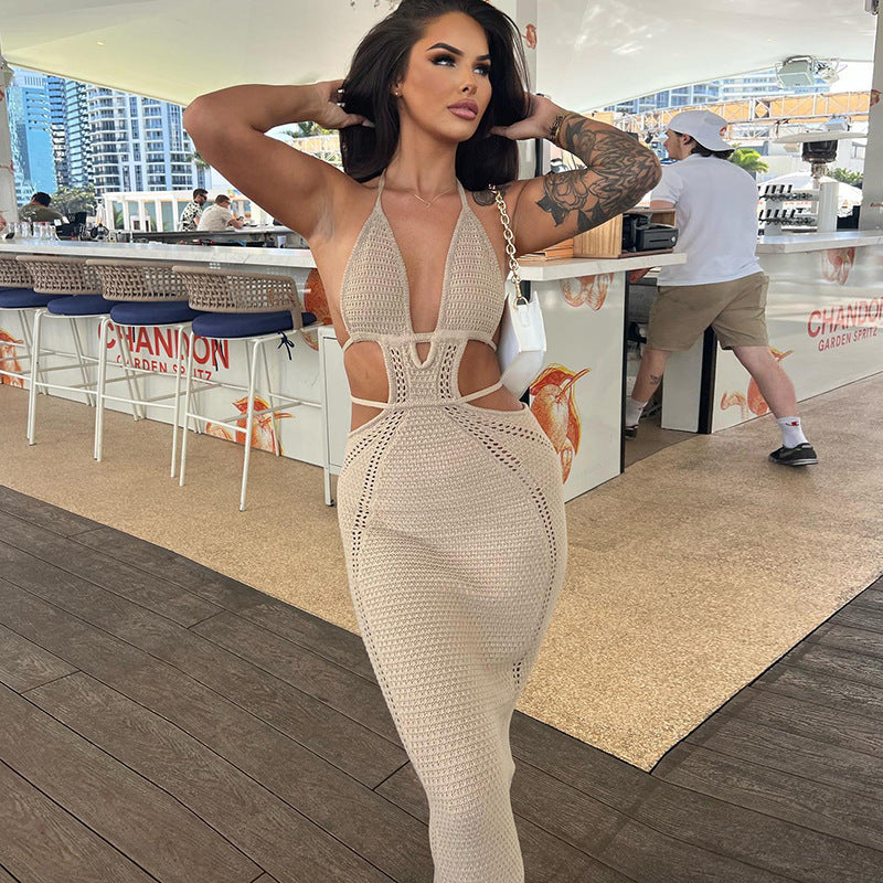 Sexy Pure Want to Hang Neck Wrapped Chest Hollow Out Stitching Lace up Dress für Frauen