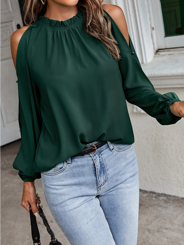 Automne Hiver Femme Couleur Unie Col Rond Manches Longues Plissées Épaule Dénudée Blouse
