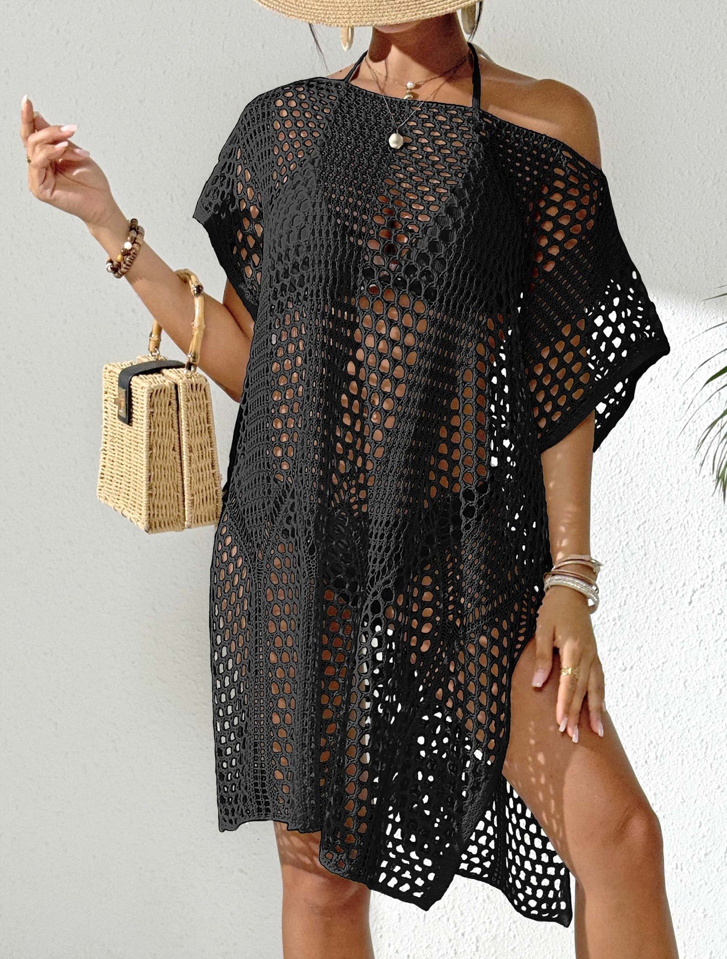 Damen Urlaub Bluse Damen Sexy Gewebte Hohl Ausgeschnittene Cut-out Off Shoulder Bikini Überkleid Strandkleid