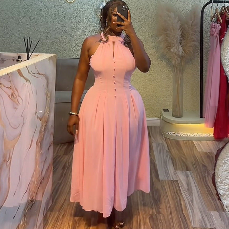 Robe Mi-Longue Rose Élégante d'Été pour Femmes, sans Manches, à Bretelles, Amincissante à la Taille