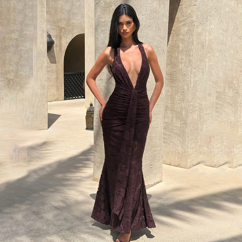 Robe longue plissée en dentelle pour femme, sexy, col en V profond, dos nu, robe fourreau