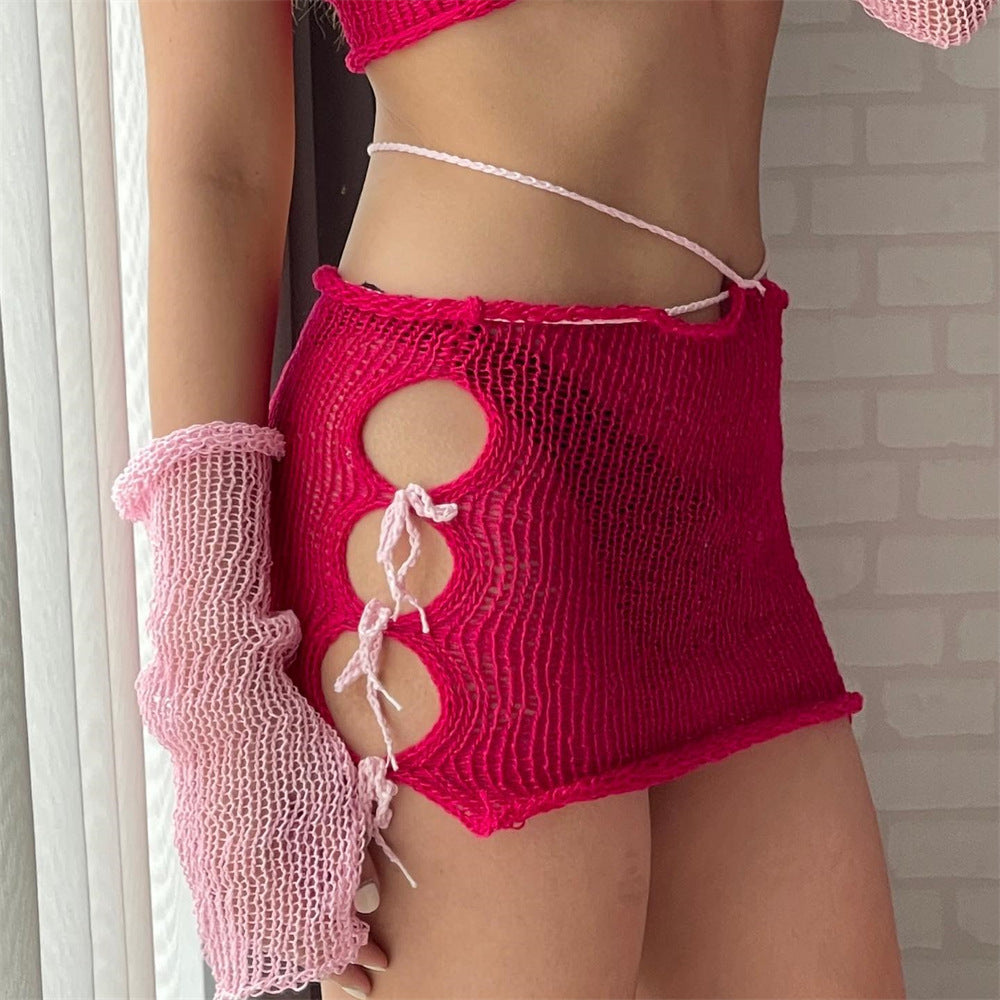 Sommer Sexy Perlen-Dekoration umwickeltes Brust-Spitzen-Ausschnitt-Hüftrock Strickanzug Damen
