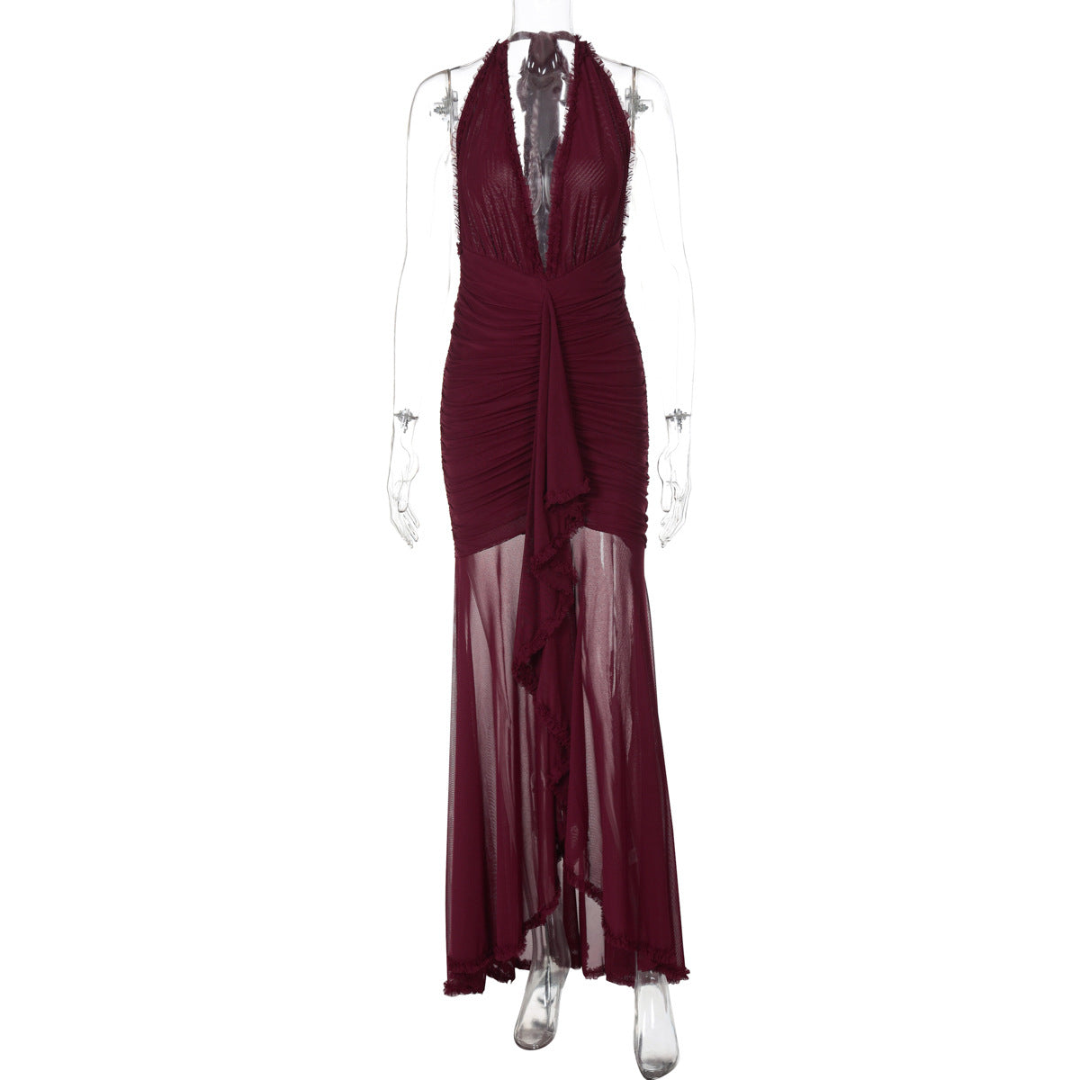 Sommer Mesh-Patchwork Elegantes Kleid Maxikleid V-Ausschnitt Neckholder Rückenfreies Sexy Kleid Damen