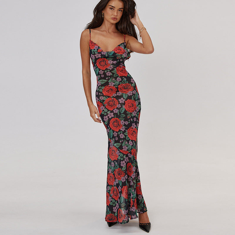 Frühlingshaftes, modisches, sexy V-Ausschnitt, elegantes, vielseitiges, schmal geschnittenes, langes bedrucktes Camisole-Kleid für Damen