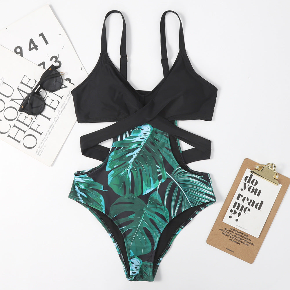 Einteiliger blattförmiger Badeanzug für Damen mit floraler Farbabstimmung, geschnürter, sexy Dreiecks-Bikini