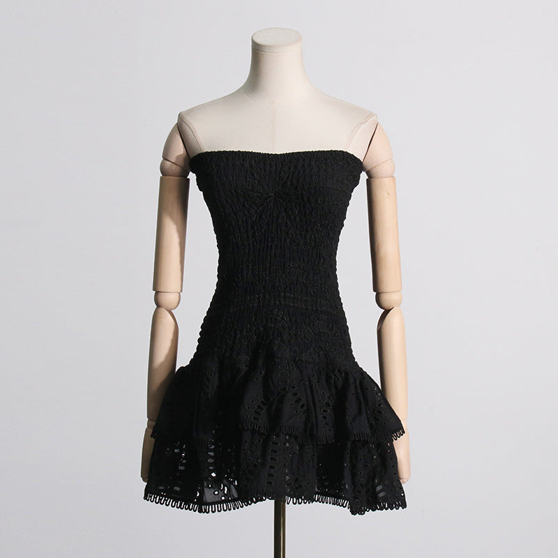 Frühlingshaft sexy elastische Taillen-Tube-Top-Kleid mit Stickerei und Rüschen für Damen