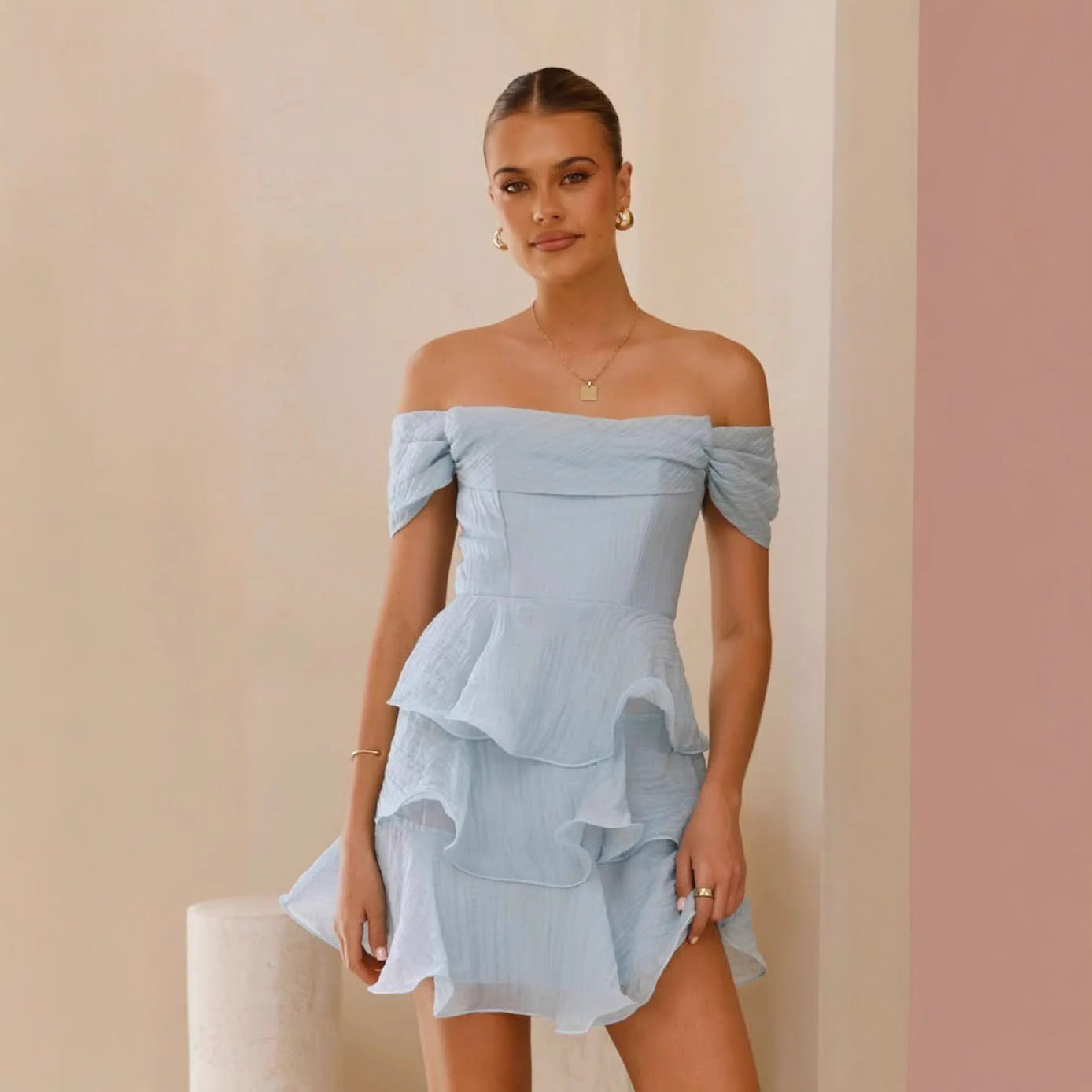 Robe d'été sexy sans bretelles, couleur unie, à volants