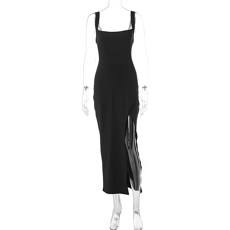Robe d'été élégante sans manches fente dos nu à bretelles fourreau pour femme