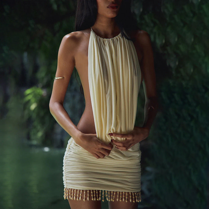 Vêtements Femme Été Sexy Dos Nu Élégante Couleur Unie Robe Courte Moulante à La Mode pour Femme