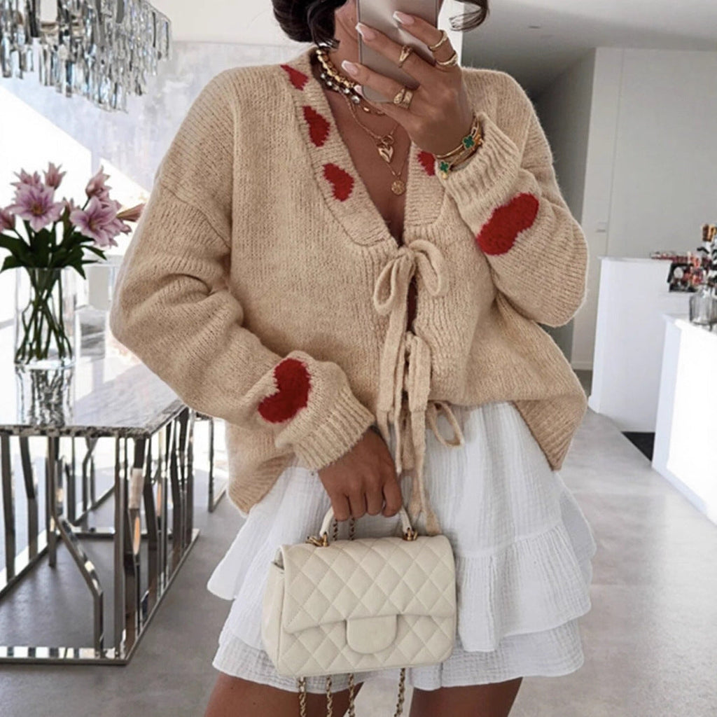 Oberbekleidung Stickerei Pullover Mantel Schnürung Liebe Jacquard Strickjacke Damen