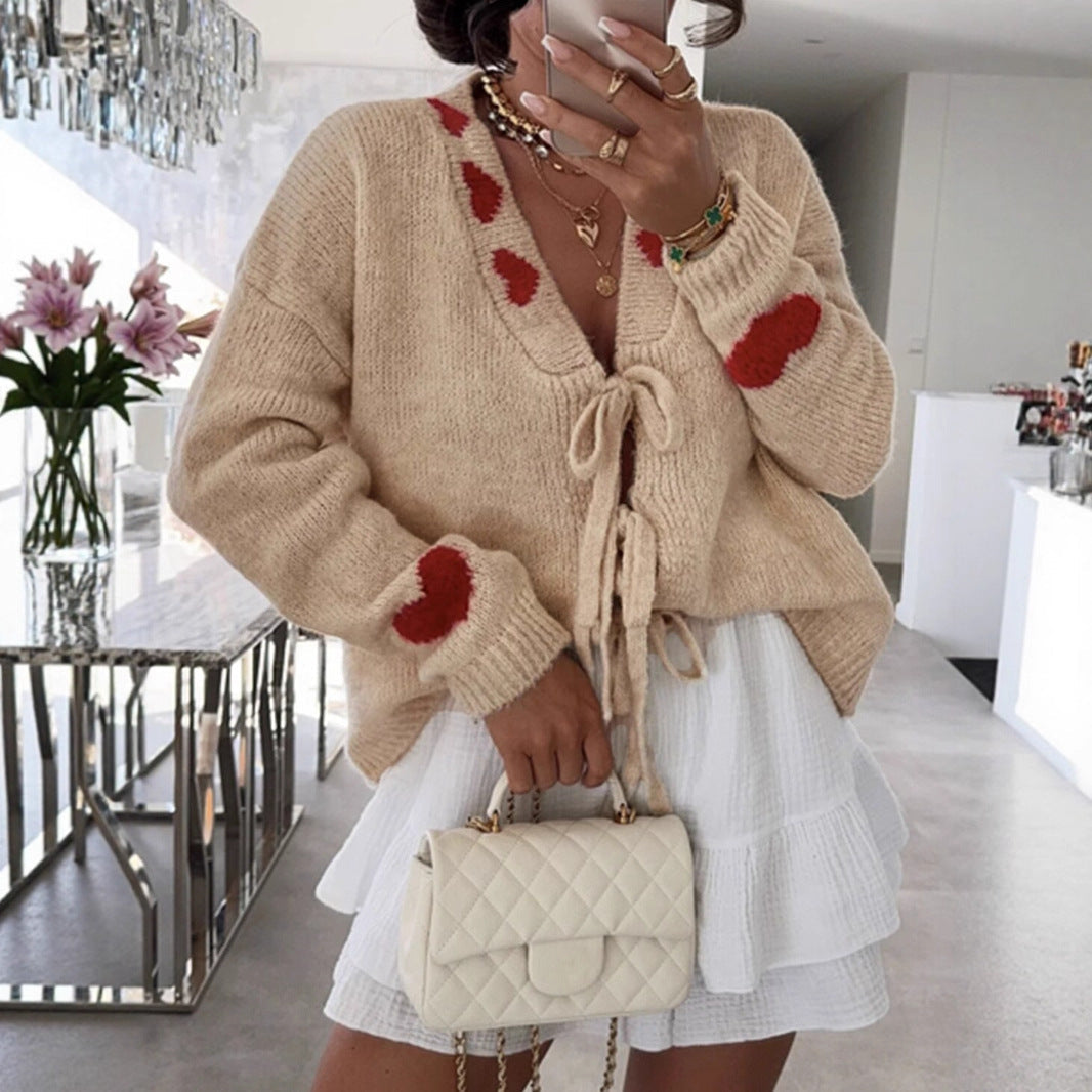 Oberbekleidung Stickerei Pullover Mantel Schnürung Liebe Jacquard Strickjacke Damen