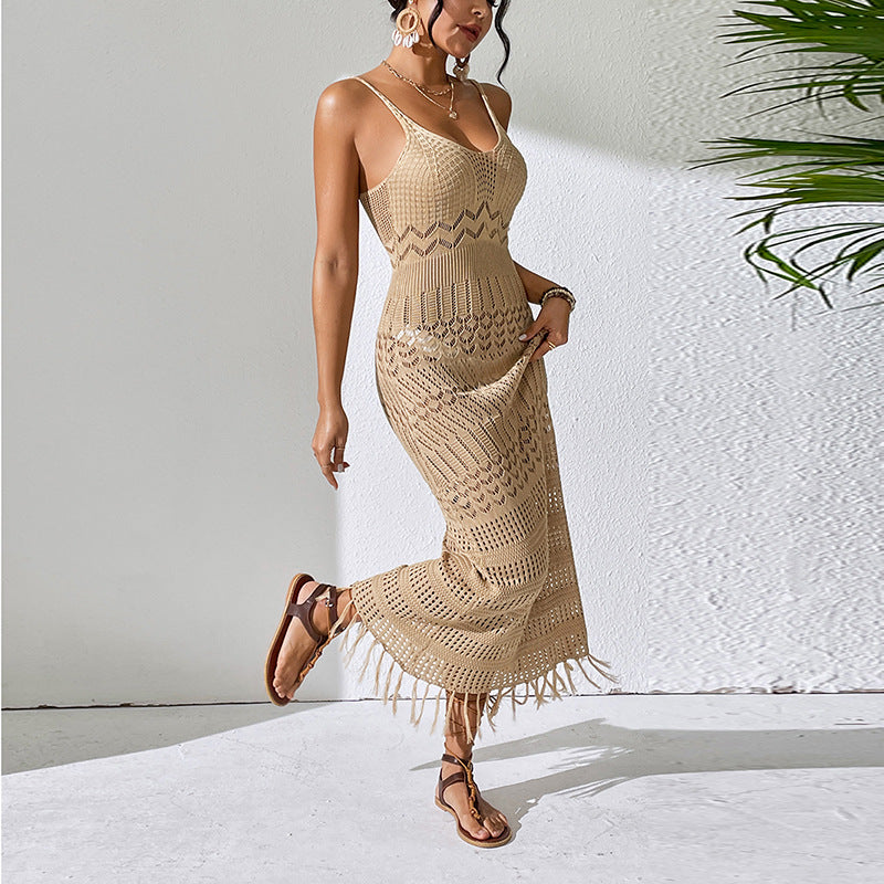 Sexy Cutout Sling Maxikleid Figurbetontes Quasten Strandkleid Ärmelloses Strickkleid mit V-Ausschnitt und Trägern