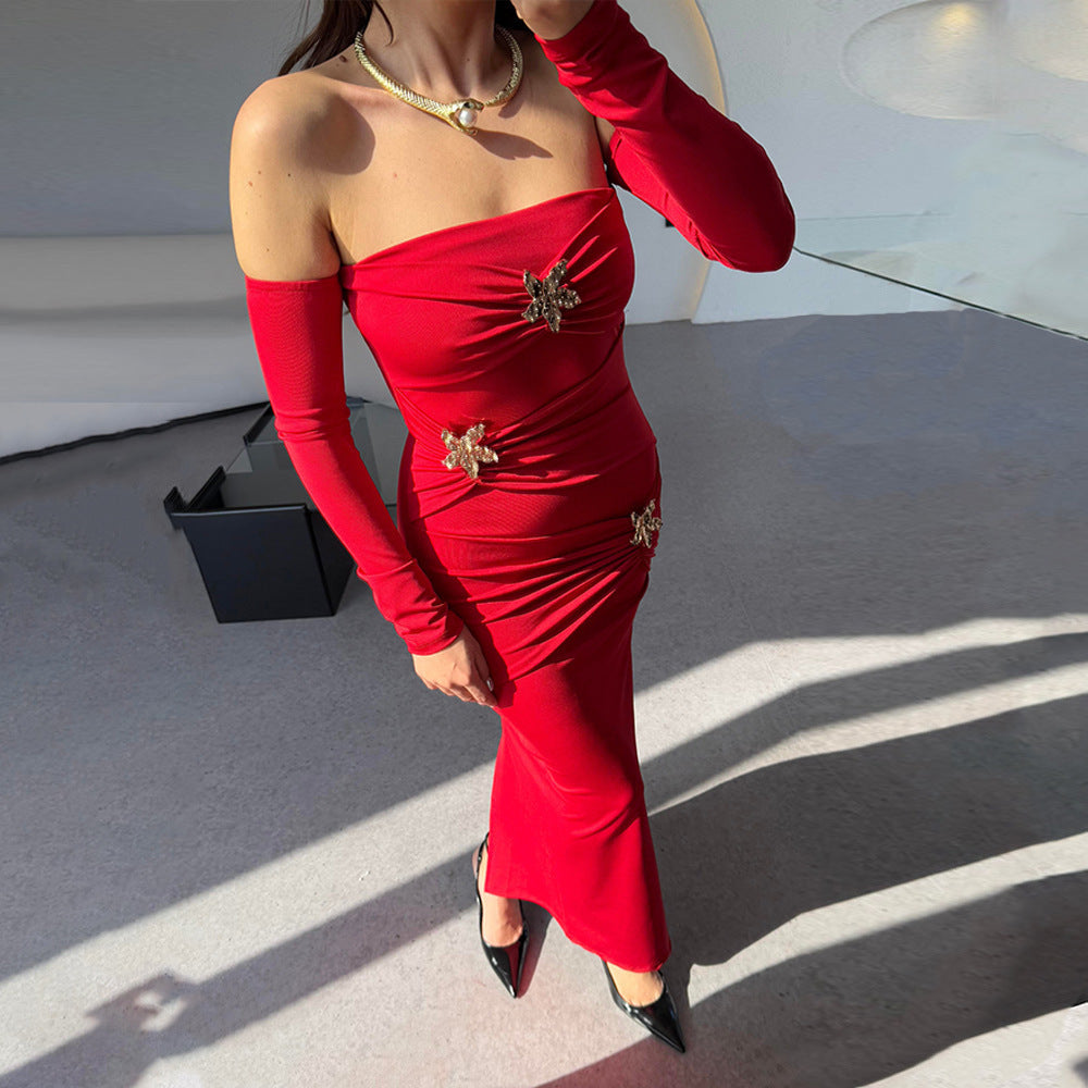 Plissiertes Langarm Damenkleid Modisch Sexy Etui Enges Kleid