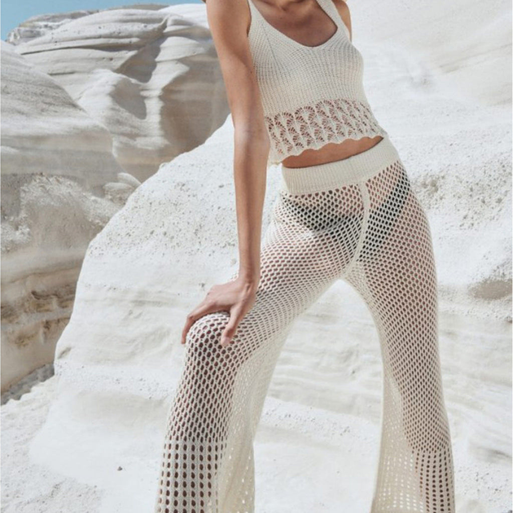 Ensemble chemise de plage sans manches et pantalon décontracté ajourés, transparents, amples et anti-UV