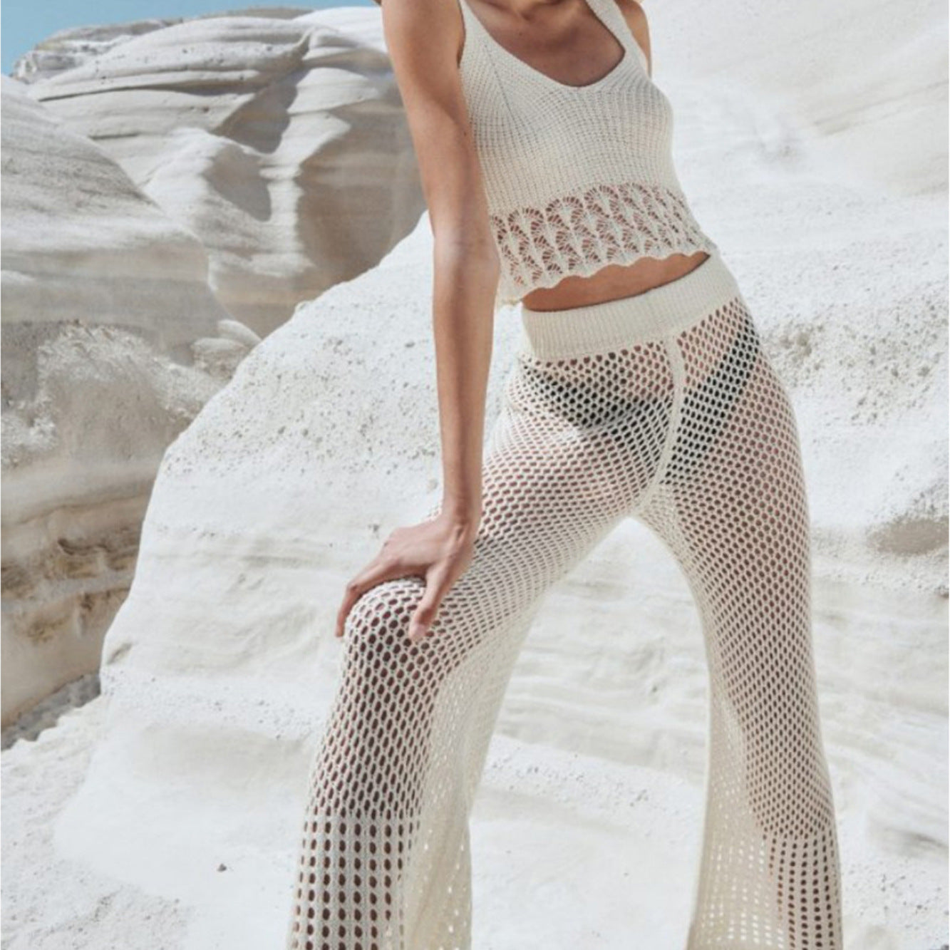 Ensemble chemise de plage sans manches et pantalon décontracté ajourés, transparents, amples et anti-UV