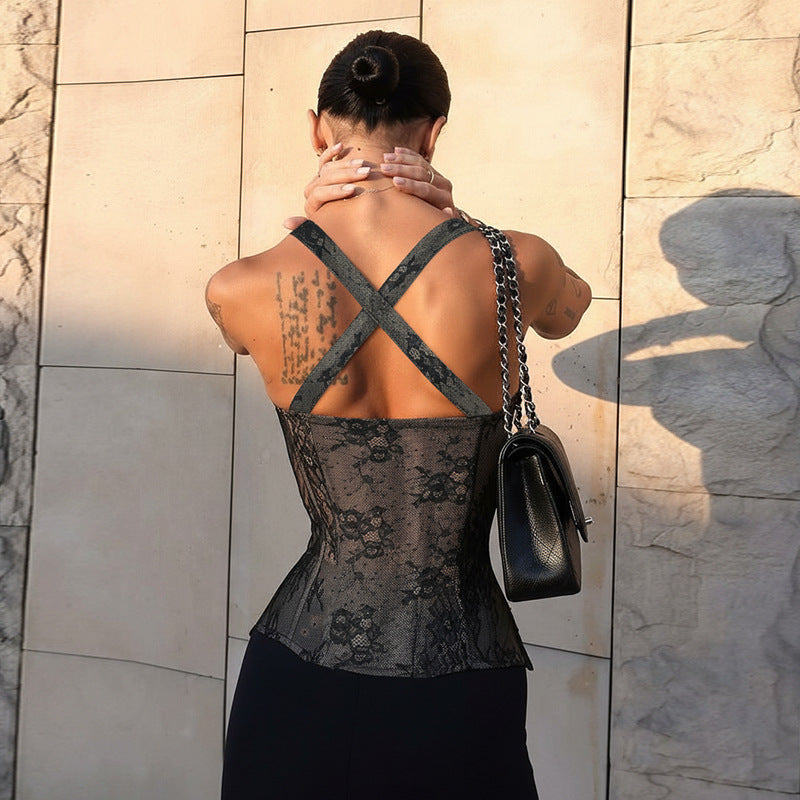 Haut court sexy en dentelle à taille, automne, gilet ajusté assorti pour femme
