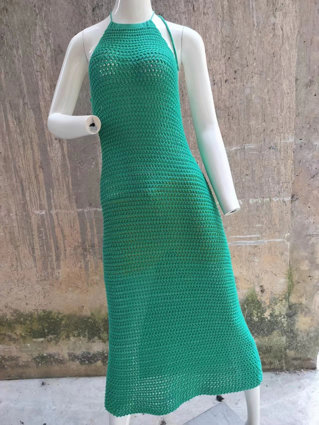 Neckholder Trägerloses Maxikleid Gestricktes Ärmelloses Strand Bohemian Langes Hohl-Cutout Kleid Damen