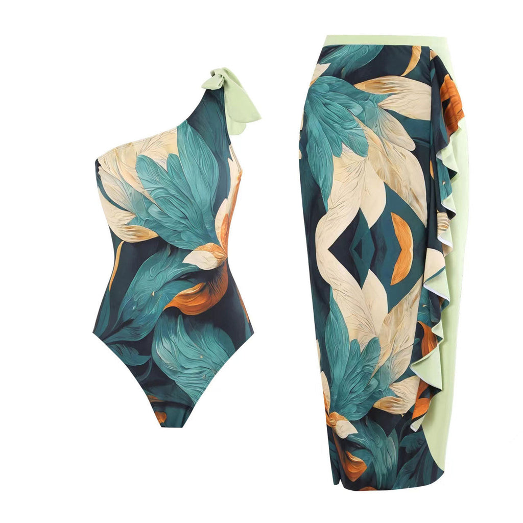 Retro Einteiler Badeanzug Sexy One-Shoulder Bademode Bedrucktes Strandrock-Set