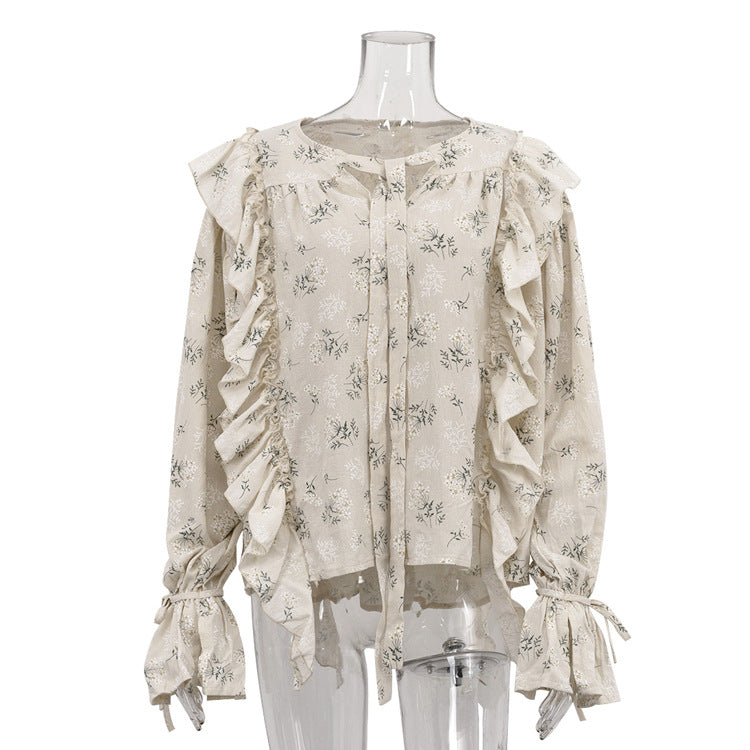 Französisches Design Gerüschtes gebundenes bedrucktes Hemd Damen Ankunft Rundhals Ausgestellte Ärmel All Match Office Top