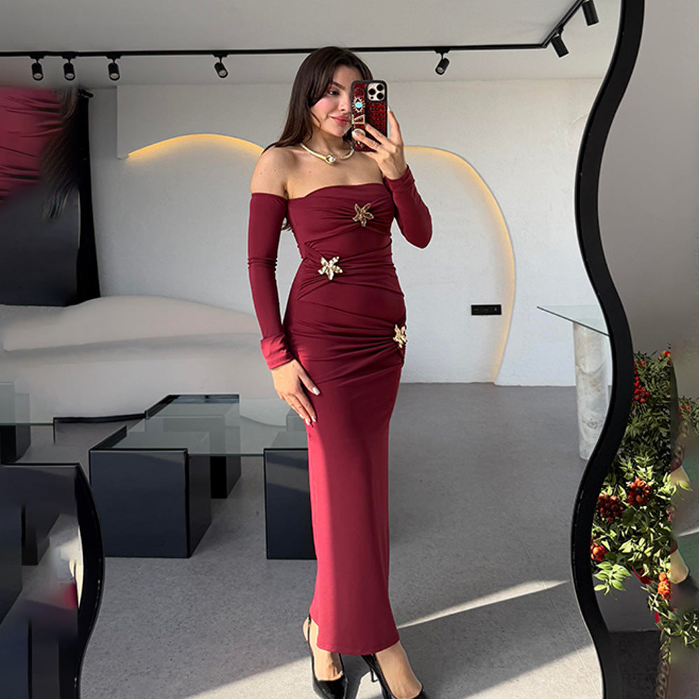 Plissiertes Langarm Damenkleid Modisch Sexy Etui Enges Kleid
