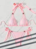 Einfarbiger zweiteiliger Bikini, sexy Neckholder, Damen-Badeanzug, T-Rücken-Bademode