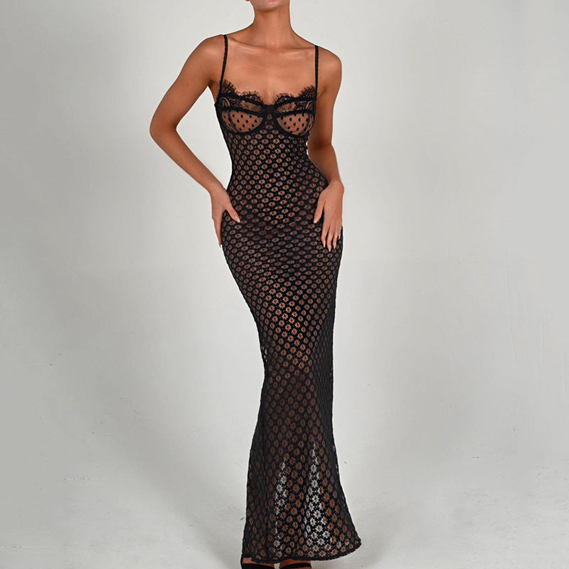 Robe Sexy d'Automne à Bretelles Serrée, Dentelle Dos Nu, Fente et Pois