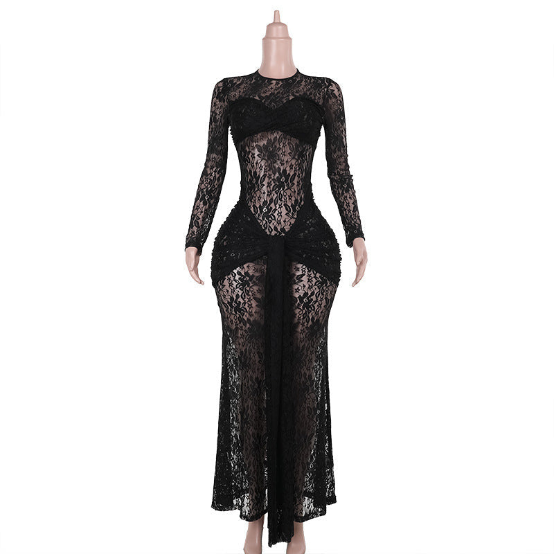 Herbst Typ Hüfte Sexy Durchsichtiges Schlankes Spitzenkleid Frauen