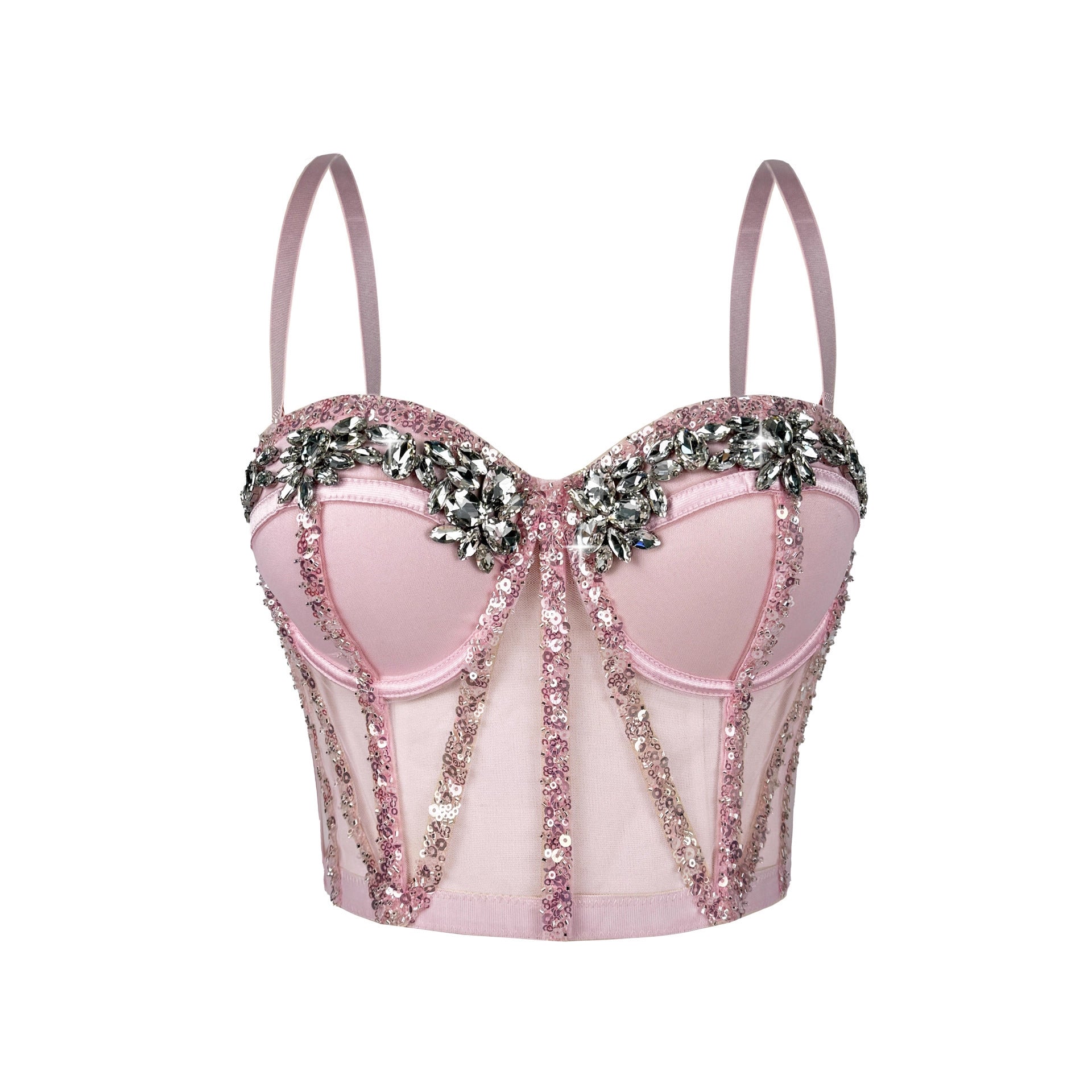 Rhinestone Mesh Boning Corset Bra Semi-Transparent Sexy Slimming Sling Bandeau Slim Fit Rhinestone Boning Corset Top Stage