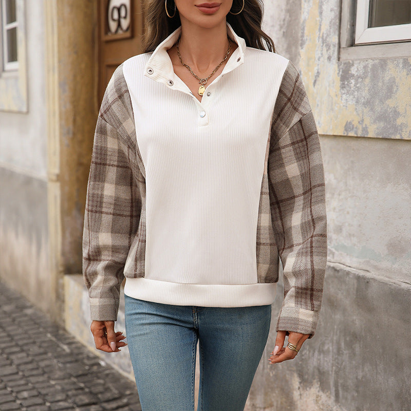 Herbst Winter Lässiger Retro-Pullover mit halboffenem Kragen und karierten Ziernähten