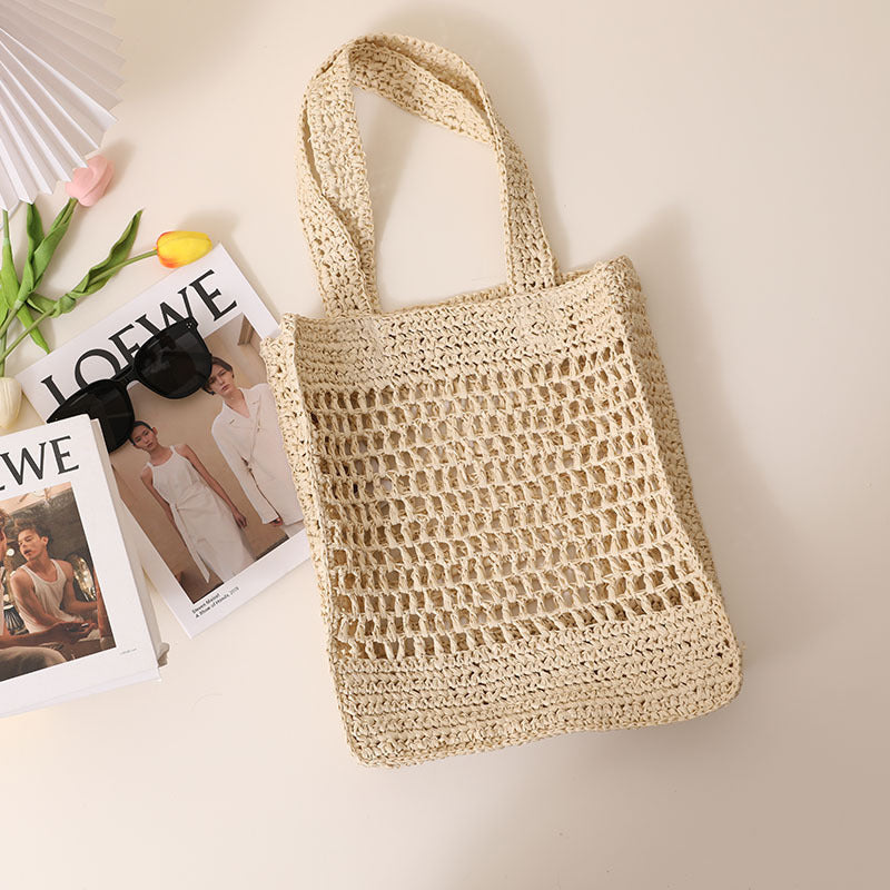 Sac de paille ajouré de couleur unie, sac fourre-tout tissé coréen, sac de plage pour vacances au bord de la mer.
