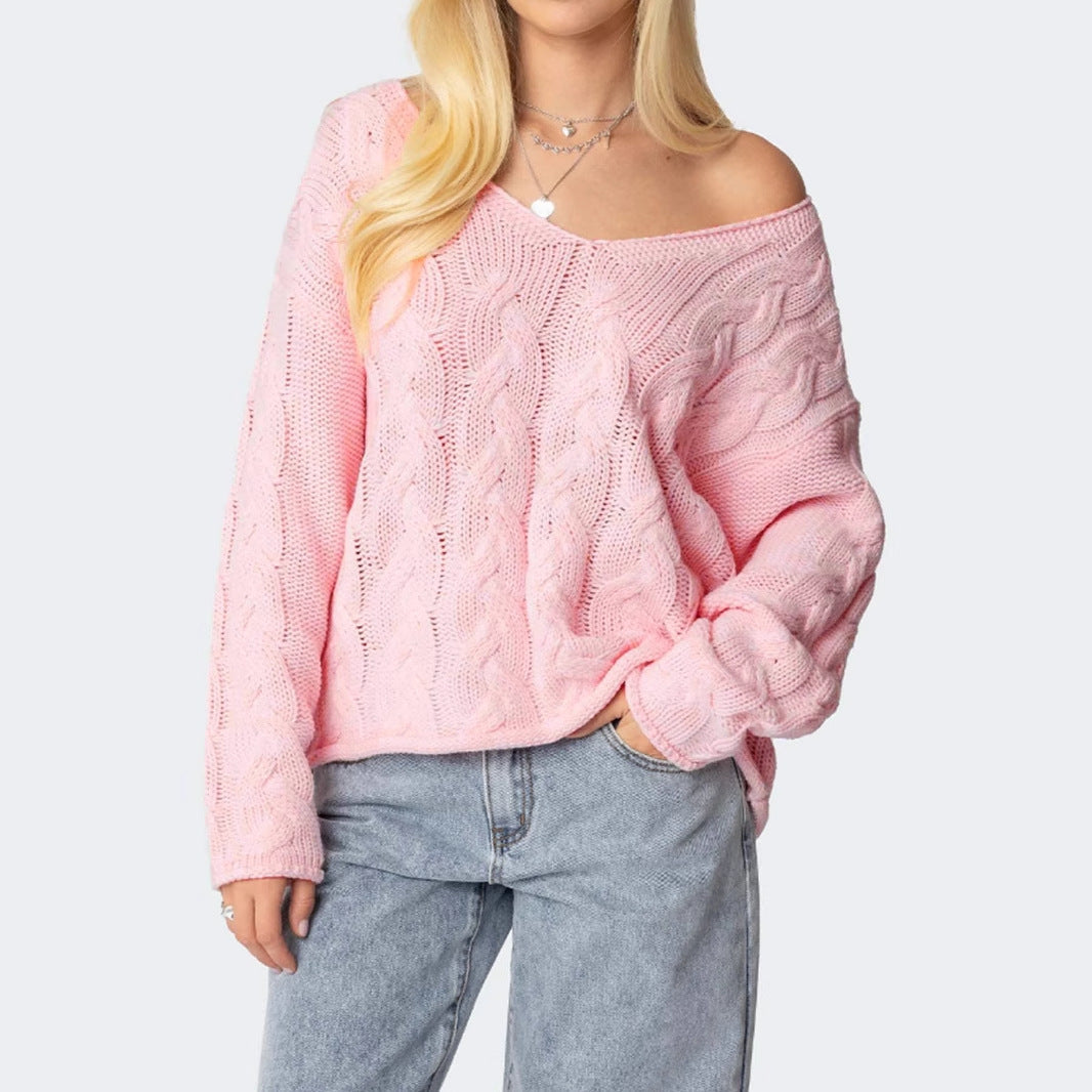 Herbst Einfarbig Locker Faul V-Ausschnitt Zopfstrick Pullover Damen Top