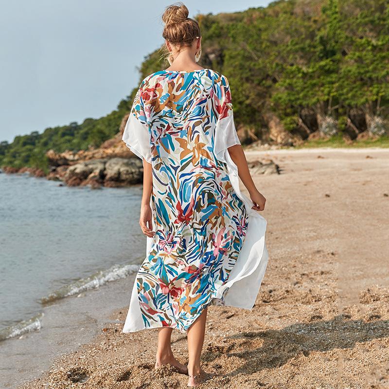 Robe longue ample froncée de couleur unie avec bordure, vêtement de protection solaire de plage, chemisier cache-maillot de bain bikini