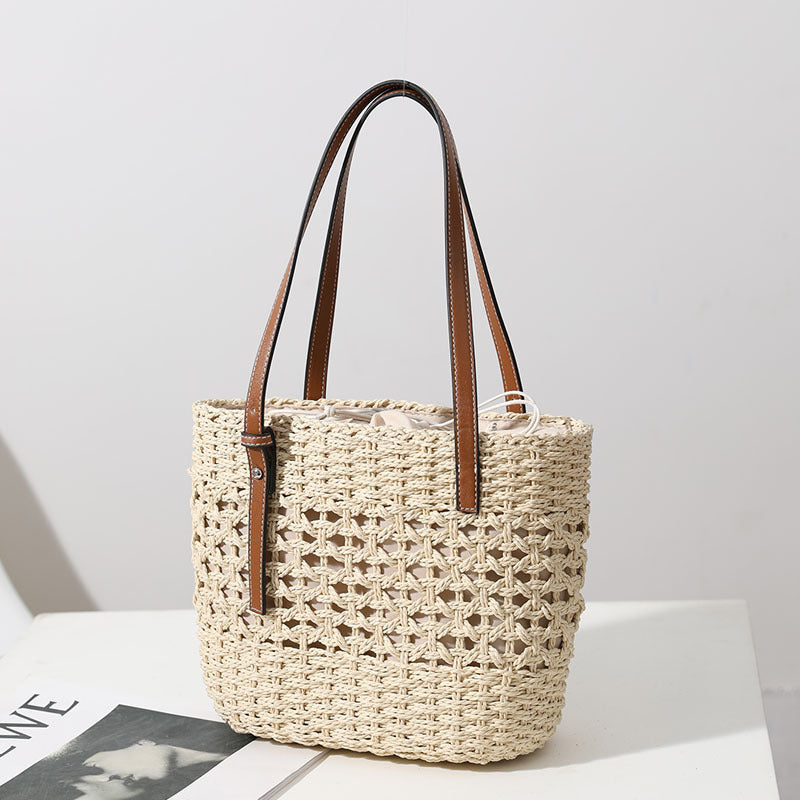 Sac en Paille Tressé pour Femmes, Sac à Main Creux Fait à la Main, Sac Porté Épaule Portable en Paille Tressée pour Vacances à la Plage
