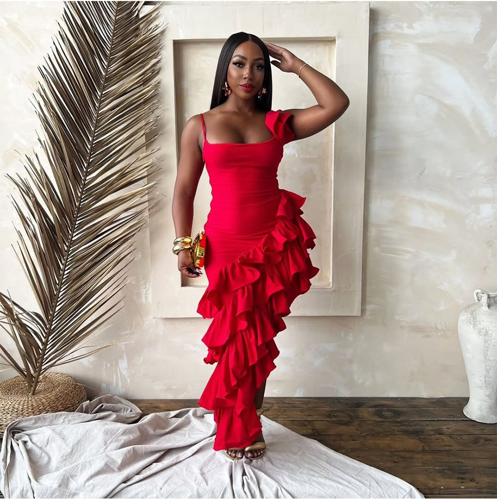 Sommerkleid mit Spaghettiträgern in Unifarbe, unregelmäßig, asymmetrisch, mit Rüschen, sexy Damenbekleidung