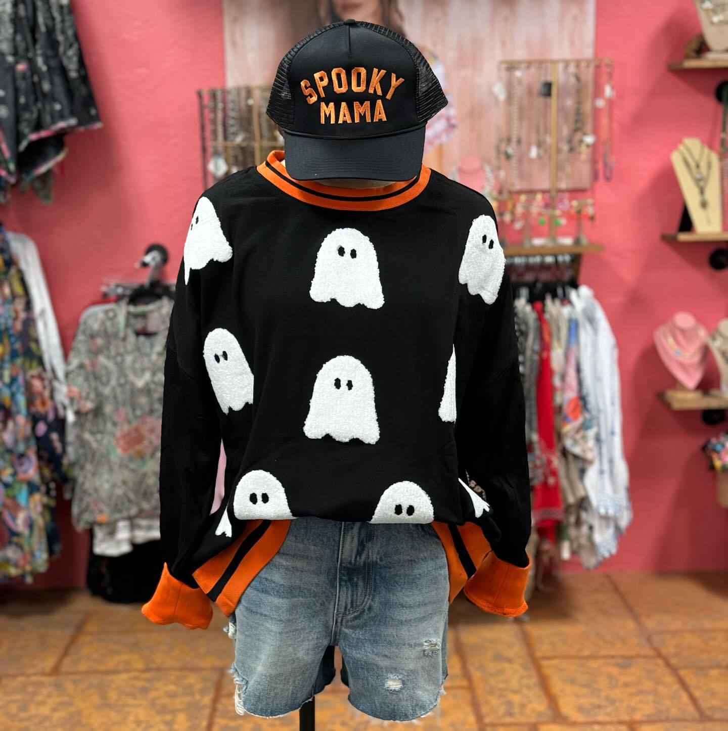 Damen Sommerurlaub Lässige Halloween Geist Stickerei Kontrastfarbige Sweatshirts