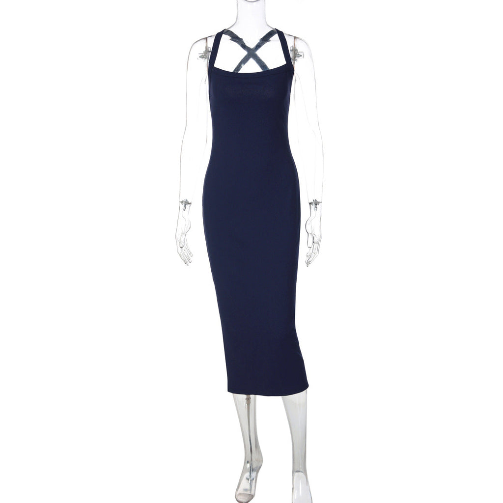 Nischen-Sexy-Neckholder mit Hosenträgern, französisches Kleid, Damen, rückenfrei, schmale Passform, figurschmeichelndes Hüftkleid