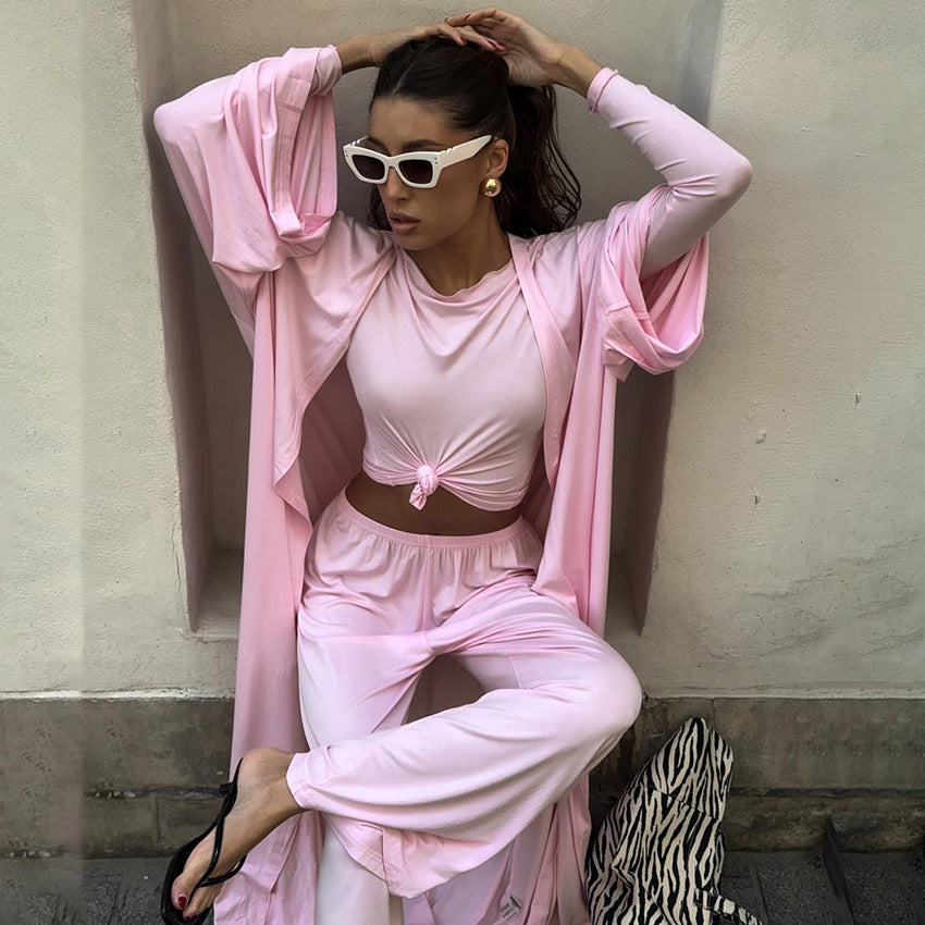 Sommer-Pyjama, dreiteilig, Strick, einfarbiges Oberteil, Hose, locker, bequem, Homewear