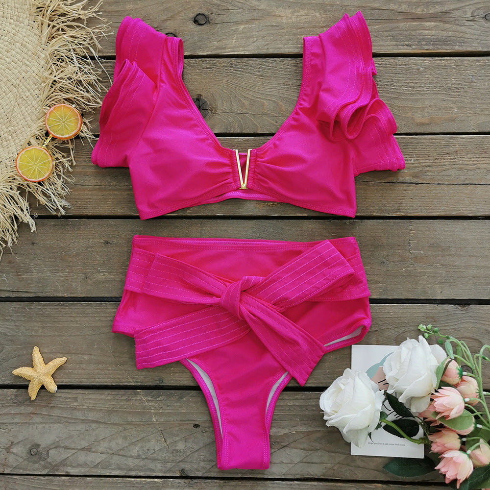 Einfarbiger Split-Badeanzug Damen Heavy Industry Line Rüschen Sexy Bikini-Badeanzug