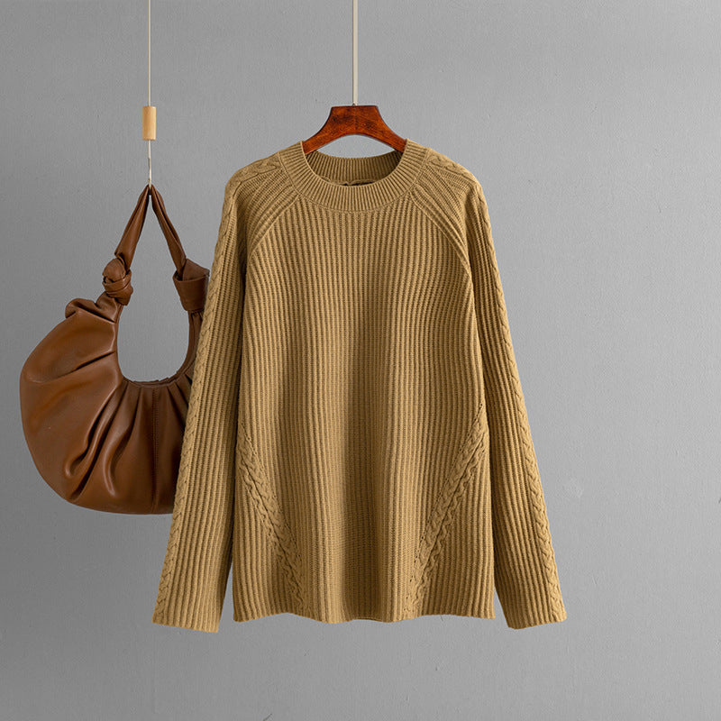 Automne Hiver Tricots Femmes Col rond Lâche Torsadé Décontracté Couleur unie Tricoté